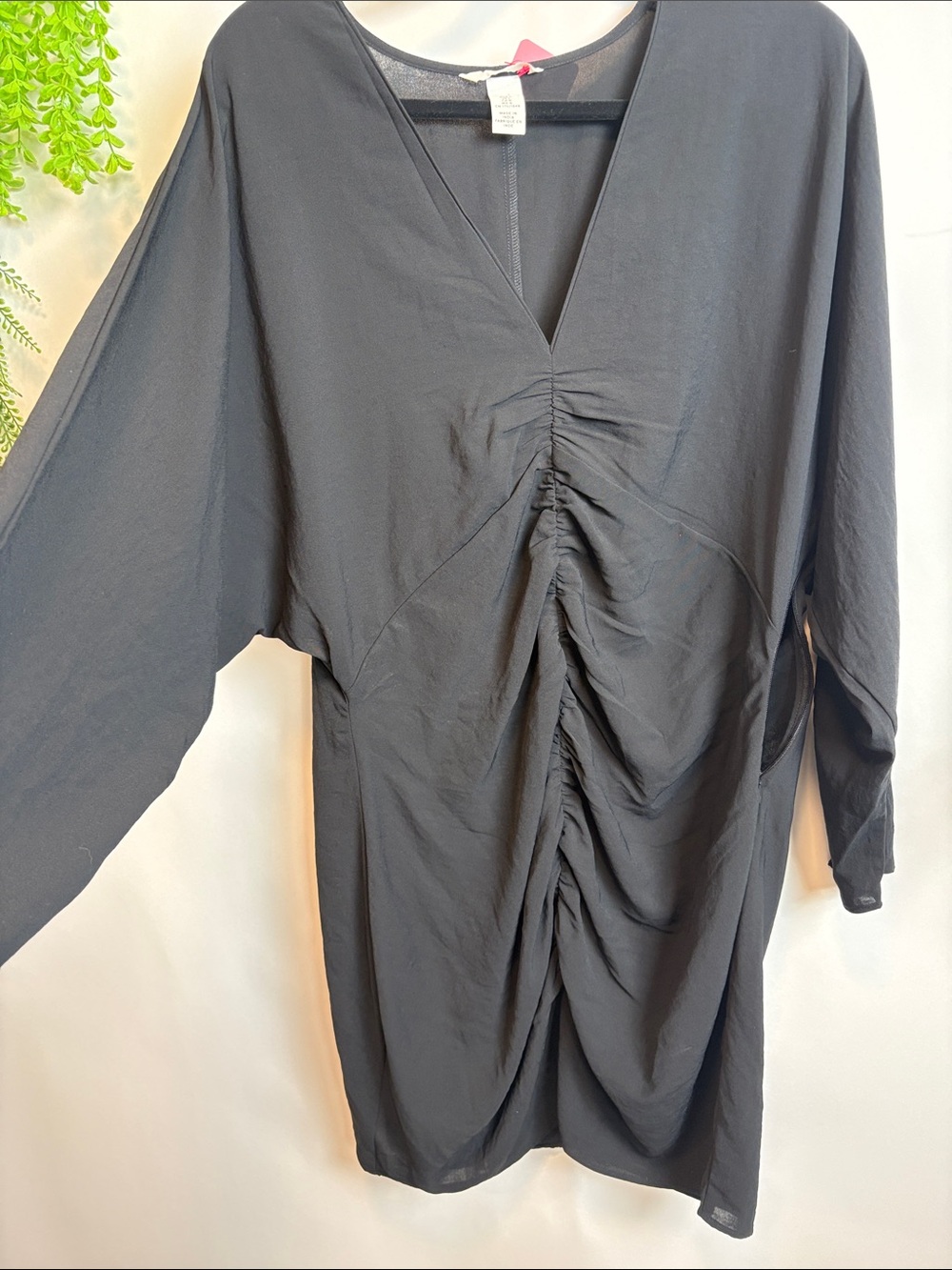 H&M Black Ruched V-Neck Long Sleeve Dress